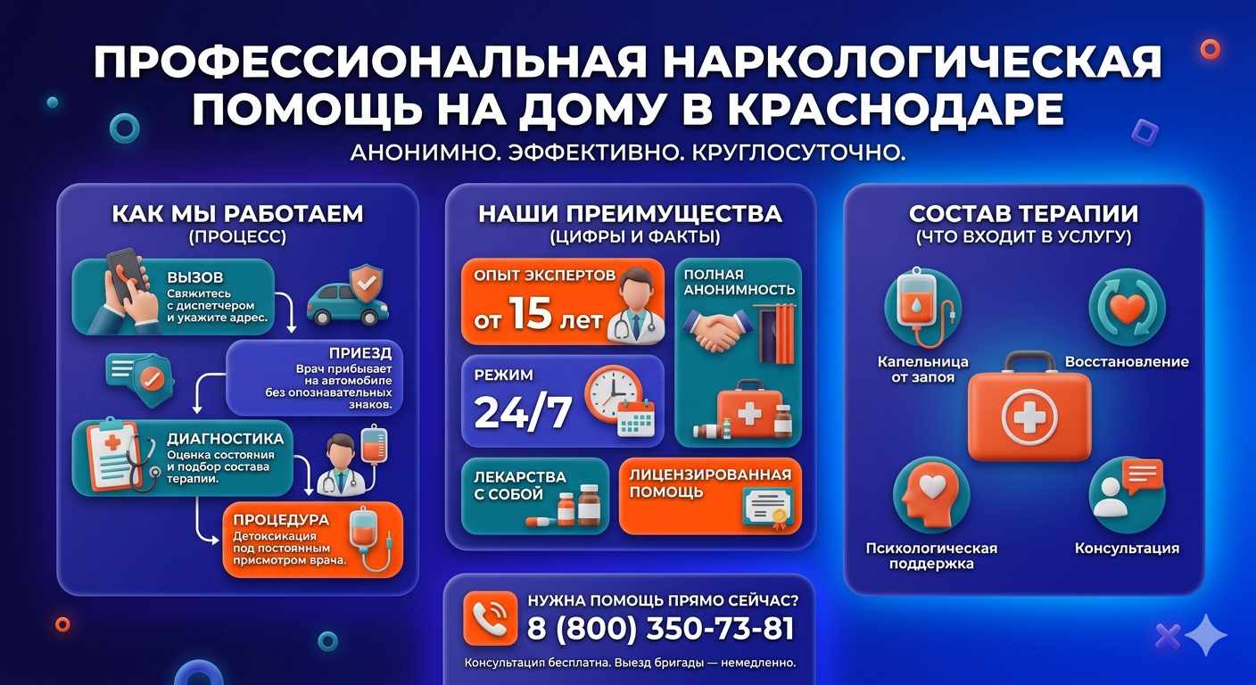 Инфографика о принципах лечения алкоголизма на дому в Туле: этапы вызова нарколога, преимущества анонимной детоксикации и состав медицинской помощи.